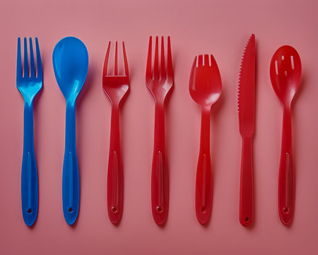 Colorful Assortment of Plastic Utensils Isolated on a Pink Background Spoons, Forks, and Knives for Parties and Picnics AI Generativeの素材