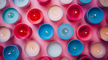 Assorted Colorful Lit Candles on Pink Background for Relaxation, Celebration, and Decoration Themes AI Generativeの素材