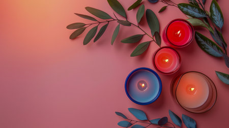 Aromatic Scented Candles and Fresh Green Leaves on Soft Pink Background, Relaxing Spa Ambiance Concept, Home Decor and Wellness Setting, Copy Space AI Generativeの素材