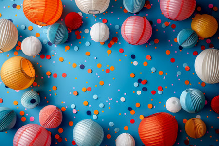 Colorful Paper Lanterns and Confetti on Blue Background Festive Decoration Concept AI Generativeの素材
