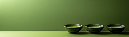 Minimalist Zen Bowls on Green Background with Copy Space Modern Interior Decor Design Elements AI Generativeの素材