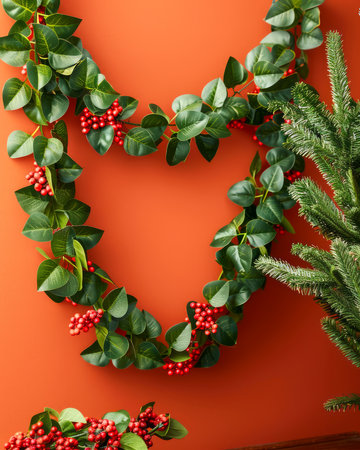 Festive Green Wreath with Red Berries on a Warm Orange Background Seasonal Decoration Concept AI Generativeの素材