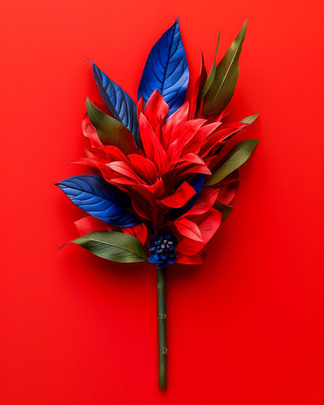 Vibrant Tropical Bouquet on Bright Red Background Artistic Floral Arrangement for Graphic Design Use AI Generativeの素材