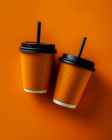 Two Takeaway Coffee Cups with Lids and Straws on a Vibrant Orange Background Refreshment Concept AI Generativeの素材