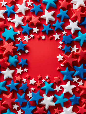 Patriotic Background of Red, White, and Blue Stars on Vibrant Red Backdrop for National Holidays and Celebrations AI Generativeの素材