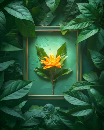 Vibrant Orange Flower Surrounded by Fresh Green Leaves in a Peaceful Nature Setting with Artistic Composition AI Generativeの素材