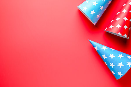 Vibrant Red Background with Festive Blue Party Hats with Stars for Holiday Celebrations and Birthday Decorations AI Generativeの素材