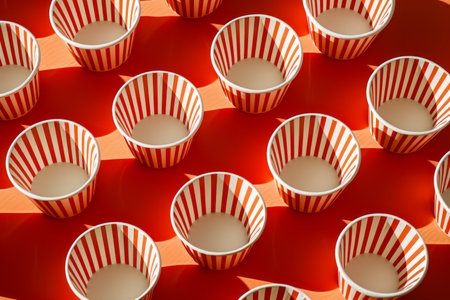 Vibrant Red and White Striped Paper Cups Arranged Neatly on Bright Orange Background for Party Concept AI Generativeの素材