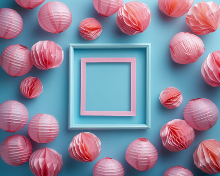 Pink Spherical Paper Lanterns and Picture Frame on Pastel Blue Background Top View AI Generativeの素材
