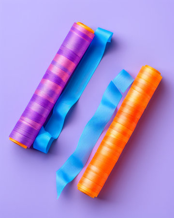 Vivid Purple, Blue, and Orange Curling Ribbon Rolls on a Pastel Background for Party Decorations and Gift Wrapping Concepts AI Generativeの素材