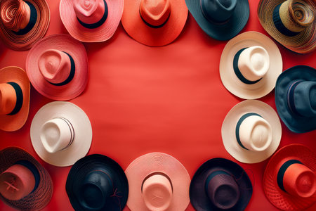 Colorful Collection of Elegant Hats Arranged on a Vibrant Red Background for Fashion and Retail Concepts AI Generativeの素材
