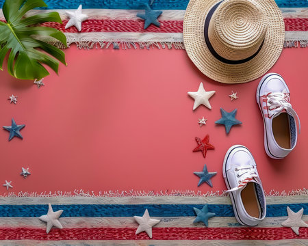 Summer Vacation Concept with Sneakers, Straw Hat, and Starfish on a Patriotic Red, White, and Blue Background AI Generativeの素材