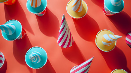 Colorful Assorted Paper Party Hats on Vibrant Orange Background for Celebration and Festivities Concept AI Generativeの素材