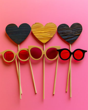 Creative Celebration Concept with Heart Shaped Decorations and Sunglasses on a Pink Background AI Generativeの素材