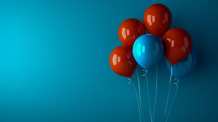 Colorful Red and Blue Helium Balloons Floating on Right with Spacious Blue Background for Text AI Generativeの素材