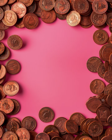 Assorted Copper Coins Surrounding Pink Background with Copyspace for Financial and Savings Themes AI Generativeの素材