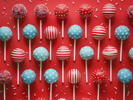Assorted Red and Blue Lollipops with Sprinkles on a Vibrant Red Background Candy Pattern AI Generativeの素材