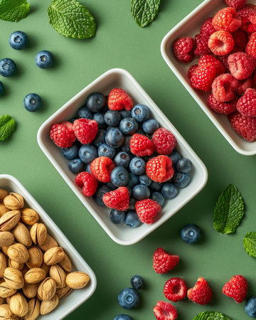 Assorted Fresh Raspberries, Blueberries, and Almonds in Bowls on Green Background Healthy Eating Concept AI Generativeの素材