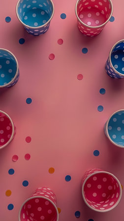 Colorful Polka Dot Paper Cups Arranged Creatively on Pink Background for Party Celebration Concept AI Generativeの素材