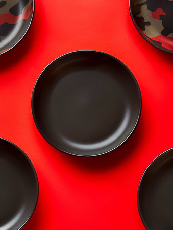 Modern Black Bowls on Vibrant Red Background for Contemporary Kitchenware Concept AI Generativeの素材