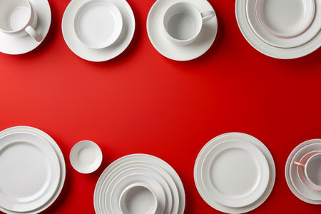 Elegant White Tableware Set on Vibrant Red Background Ceramic Plates, Bowls, Dishes, and Cups for Modern Table Setting AI Generativeの素材