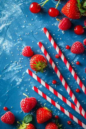Fresh Strawberries, Raspberries, and Cherries on Blue Background with Sugar Sprinkles and Vibrant Striped Straws AI Generativeの素材