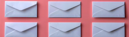 Set of White Envelopes on a Vibrant Coral Background Arranged in a Grid Pattern for Business and Communication AI Generativeの素材