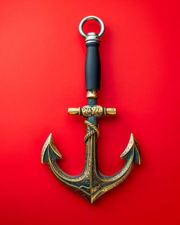 Vintage Nautical Anchor on Vivid Red Background for Maritime Themes and Decor AI Generativeの素材