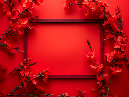 Elegant Red Floral Frame on Vibrant Red Background, Decorative Border for Greeting Cards and Invitations AI Generativeの素材