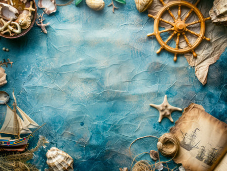 Vintage Nautical Map Background with Maritime Decorations and Old Treasure Map on Textured Blue Surface AI Generativeの素材