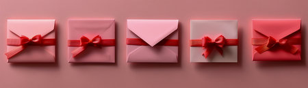 Elegant Red Ribbon Wrapped Gift Boxes and Envelope on Soft Pink Background for Holidays and Special Occasions AI Generativeの素材
