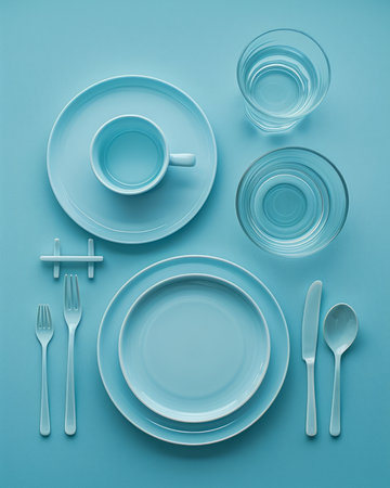 Elegant Table Setting with Ceramic Dishes, Glassware and Silver Cutlery on a Blue Background for Sophisticated Dining Concept AI Generativeの素材