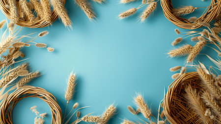 Golden Wheat Ears Arranged in a Circular Frame on a Bright Blue Background Agriculture Concept AI Generativeの素材