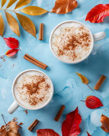 Autumn Inspired Flat Lay with Two Cups of Cinnamon Cappuccino Surrounded by Colorful Fall Leaves on a Blue Background AI Generativeの素材