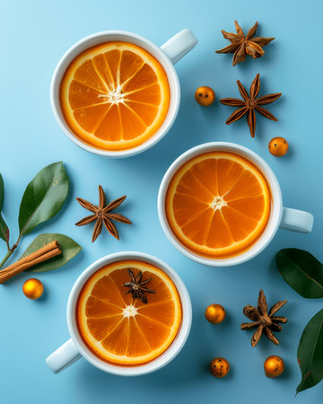 Top View of Fresh Orange Slices in White Cups on Blue Background with Star Anise and Cinnamon Sticks AI Generativeの素材