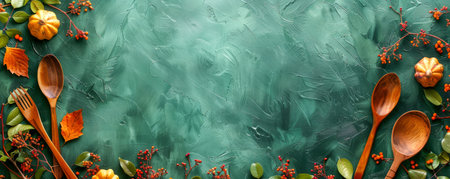 Vibrant Autumn Cooking Concept with Wooden Spoons and Seasonal Decorations on Green Background AI Generativeの素材