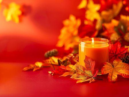 Warm Autumn Ambiance with Lit Candle and Colorful Fall Leaves on a Red Background AI Generativeの素材