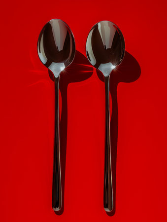 Two Shiny Stainless Steel Spoons on Vibrant Red Background Modern Kitchen Utensils Concept AI Generativeの素材