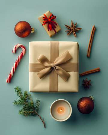 Festive Christmas Composition with Wrapped Gift, Decorations, and Candle on Blue Background AI Generativeの素材
