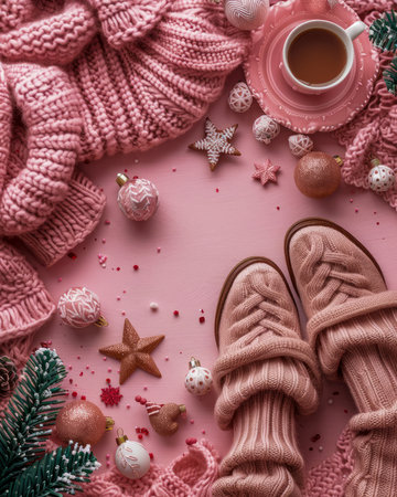 Cozy Winter Concept with Pink Knitted Sweater, Warm Slippers, and Hot Beverage on Festive Background AI Generativeの素材
