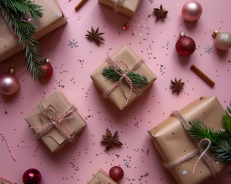Festive Holiday Background with Wrapped Gifts, Christmas Ornaments and Natural Decorations on a Soft Pink Surface AI Generativeの素材