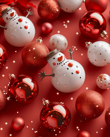 Festive Christmas Composition with Snowman and Red Baubles on a Shimmering Red Background AI Generativeの素材