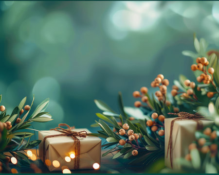 Serene Festive Background with Wrapped Gifts, Berry Decorations, and Soft Bokeh Lights on a Deep Green Backdrop AI Generativeの素材