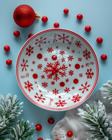 Festive Christmas Table Setting with Red Decorations, Snowflakes Plate, and Pine Branches on a Blue Background AI Generativeの素材