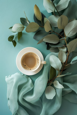 Elegant Flat Lay Composition with Coffee Cup and Eucalyptus Branches on Pastel Blue Background with Silk Fabric AI Generativeの素材