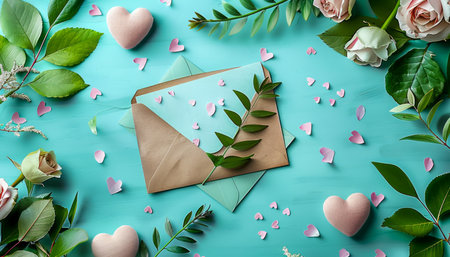 Elegant Floral Arrangement with Love Letter Envelope on Teal Background for Spring Celebrations AI Generativeの素材