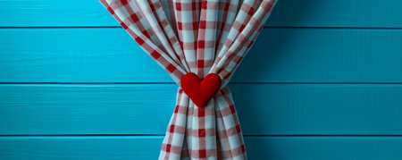Charming Rustic Kitchen Curtain Tied in a Knot with Heart Embellishment on Blue Wooden Background AI Generativeの素材