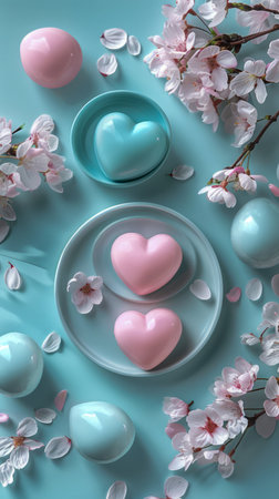 Elegant Pastel Blue and Pink Heart Shaped Decorations with Cherry Blossoms on a Soft Background AI Generativeの素材