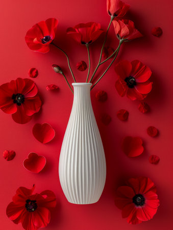 Red Poppies in White Vase on Red Background with Scattered Petals, Elegant Floral Arrangement Concept, Vibrant Spring Flowers Decoration AI Generativeの素材