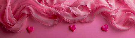 Elegant Pink Silk Fabric Background with Heart shaped Gemstones for Romantic and Luxury Themes AI Generativeの素材